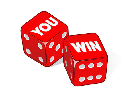 You win on two red dices isolated on white background. Winner concept. Red colorful dice. Pop art style hand drawn color vector illustration.のイラスト素材