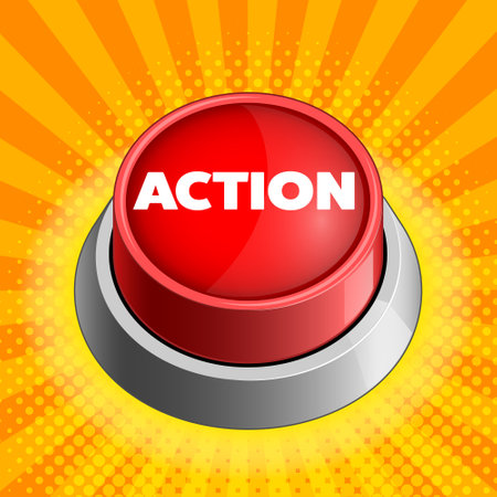 Action red button on yellow colorful bright background vector illustration. Concept illustration. Hand drawn color vector illustration.のイラスト素材