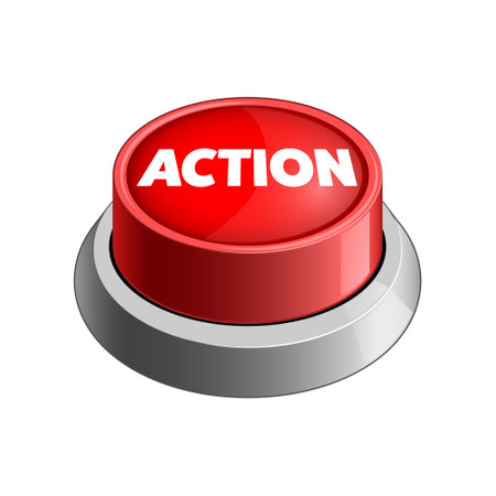 Action red button on white background vector illustration. Concept illustration. Hand drawn color...