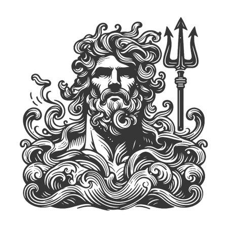 Poseidon god of the sea, holding a trident amidst ocean waves sketch engraving generative ai vector illustration. T-shirt apparel print design. Scratch board imitation. Black and white image.の素材