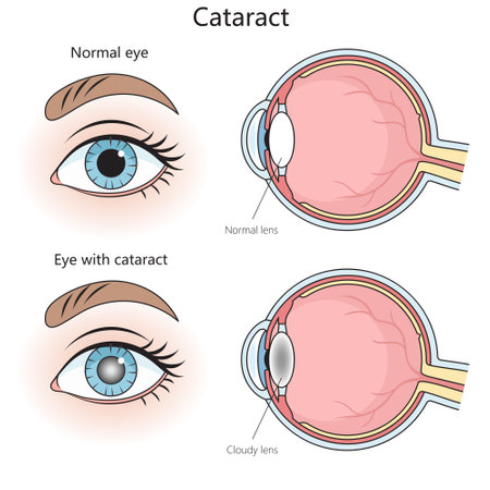 normal eye and one with a cataract, showing clear and cloudy lenses respectively structure diagram hand drawn schematic vector illustration. Medical science educational illustrationのイラスト素材