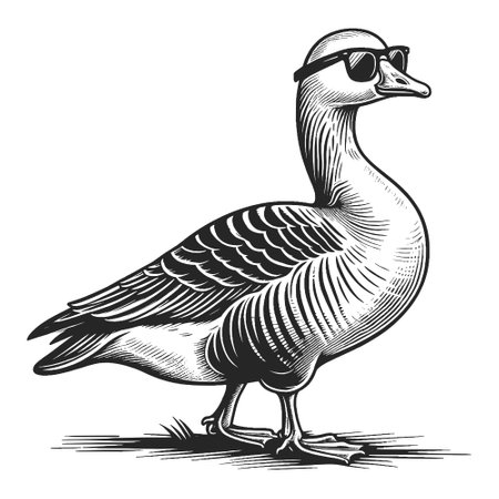 Stylish goose in sunglasses, styled in a charming vintage engraving sketch engraving generative ai fictional character vector illustration. Scratch board imitation. Black and white image.の素材