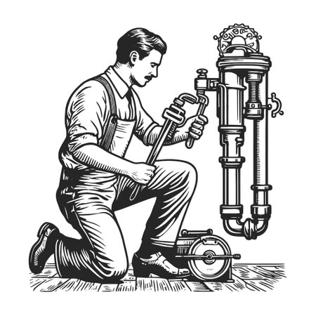 Plumber at work focused repairing pipes sketch engraving generative ai fictional character vector illustration. Scratch board imitation. Black and white image.の素材