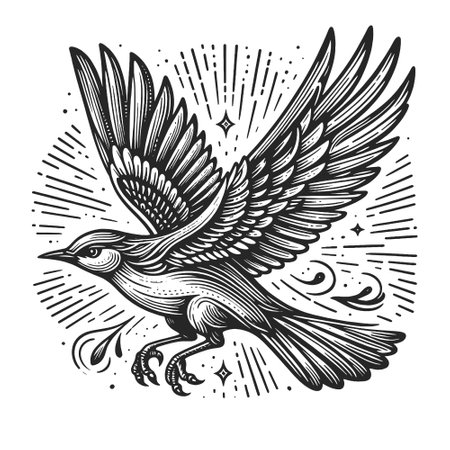 bird in flight tattoo, surrounded by decorative elements, freedom and grace sketch engraving generative ai fictional character vector illustration. Scratch board imitation. Black and white image.の素材
