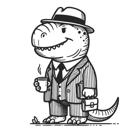dapper dinosaur wearing a suit and a bowler hat, exuding charm and character sketch engraving generative ai fictional character vector illustration. Scratch board imitation. Black and white image.の素材