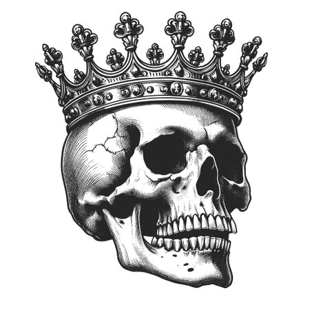 skull crowned with royal crown regal diadem, concepts of power, mortality, and history sketch engraving generative ai vector illustration. Scratch board imitation. Black and white image.の素材