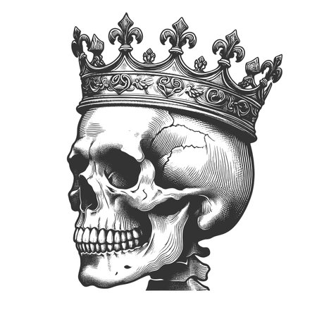 skull crowned with royal crown regal diadem, concepts of power, mortality, and history sketch engraving generative ai raster illustration. Scratch board imitation. Black and white image.の素材