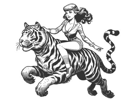 woman confidently riding a roaring tiger, symbolizing strength and courage sketch engraving generative ai fictional character vector illustration. Scratch board imitation. Black and white image.の素材