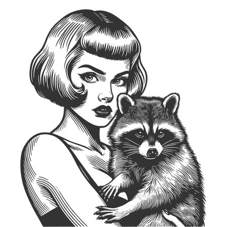woman with a bob haircut, holding a raccoon a moment of human-animal bond sketch engraving generative ai fictional character vector illustration. Scratch board imitation. Black and white image.の素材