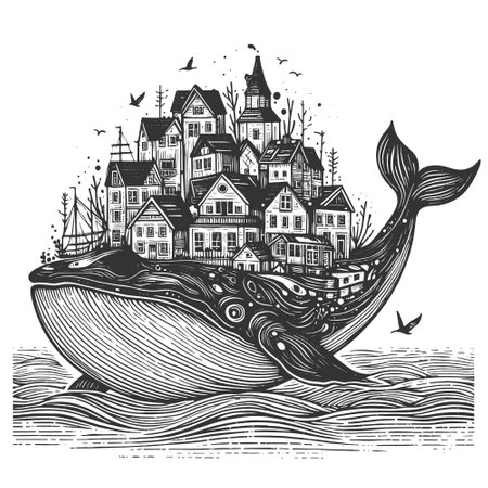 Whale Carrying City Skyline engraving vectorのイラスト素材