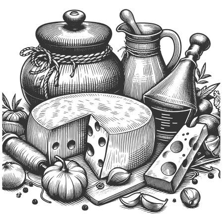 Cheese and Jars engraving vector illustrationのイラスト素材