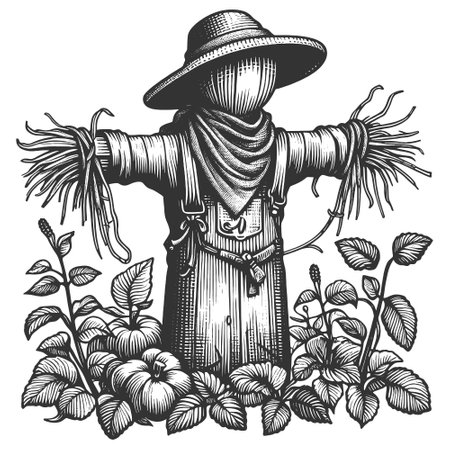 Scarecrow in Garden with Pumpkins vectorのイラスト素材