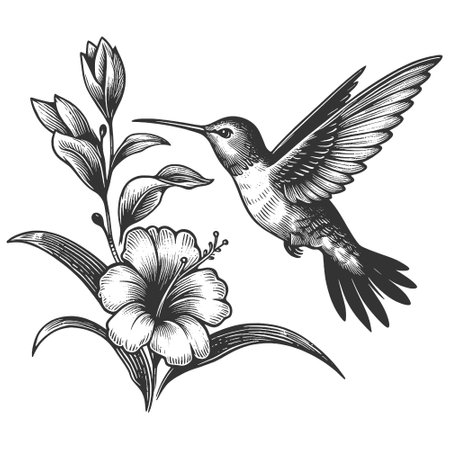 Hummingbird with Flower engraving sketch vectorのイラスト素材