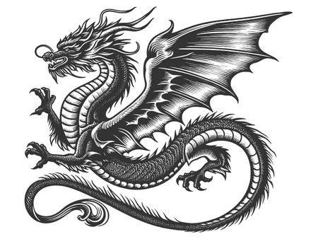 Intricate Dragon engraving vector illustrationのイラスト素材