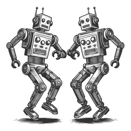 Dancing Robots engraving vector illustrationのイラスト素材