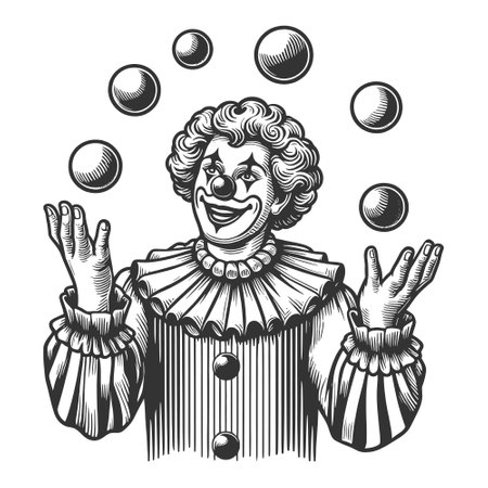 Clown Juggling Balls engraving vector illustrationのイラスト素材