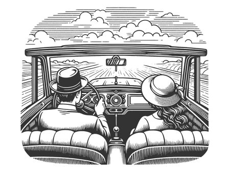 Vintage Couple Driving Classic Car vectorのイラスト素材