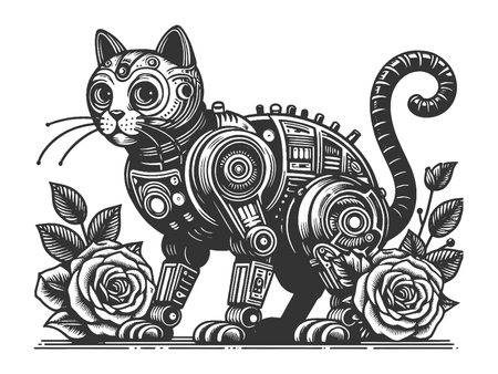 steampunk robot cat adorned with mechanical details, standing among roses, nature and technology sketch engraving generative ai raster illustration. Scratch board imitation. Black and white image.の写真素材