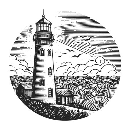 Vintage Lighthouse Engraving sketch rasterの写真素材