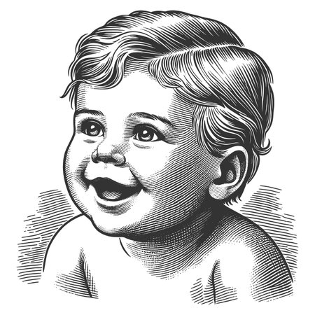 smiling baby with curly hair, capturing joy and innocence with detailed features sketch engraving generative ai fictional character raster illustration. Scratch board imitation. Black and white image.の素材