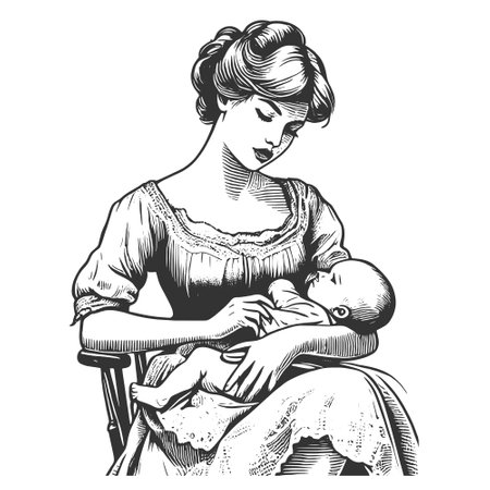 mother tenderly cradling her baby, capturing timeless maternal love and care sketch engraving generative ai fictional character vector illustration. Scratch board imitation. Black and white image.の素材
