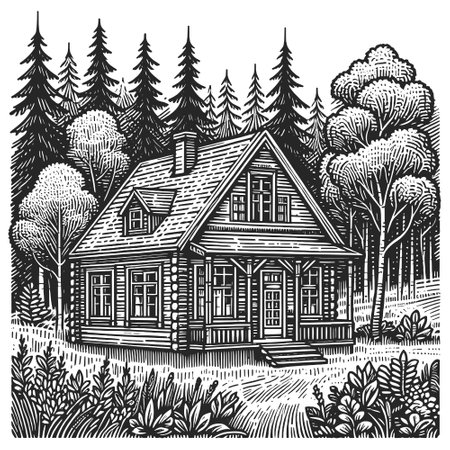 Engraved Mountain Cabin in Forest Landscape vectorのイラスト素材