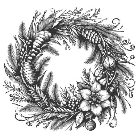 Christmas Wreath engraving vector illustrationのイラスト素材