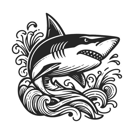 Shark Ocean Waves engraving raster illustrationの写真素材