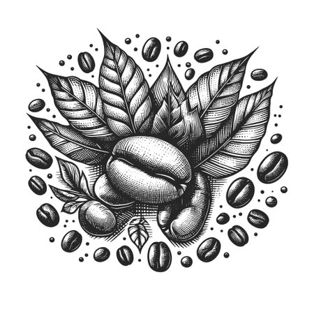 Coffee Beans and Leaves engraving sketch vectorのイラスト素材