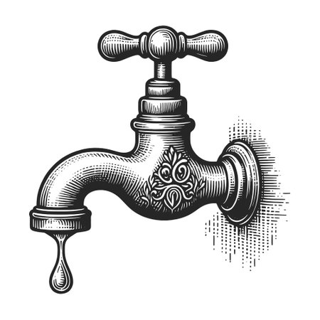 Vintage Faucet with Water Drop engraving vectorのイラスト素材