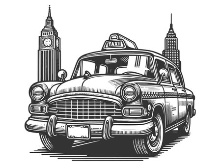 Vintage Taxi with City Skyline vector illustrationのイラスト素材