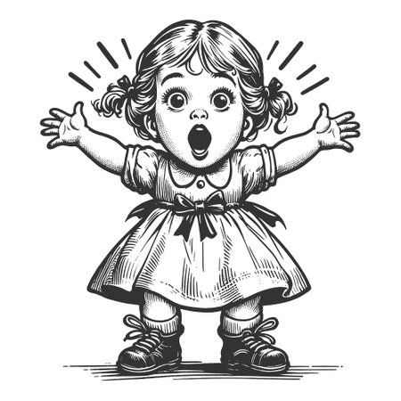 Excited Little Girl in Dress engraving vectorのイラスト素材