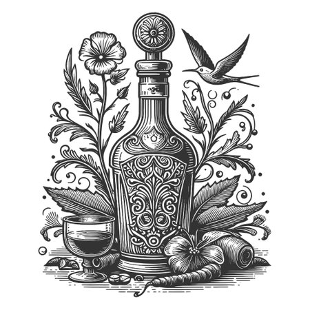 Botanical Liquor Bottle sketch vector illustrationのイラスト素材