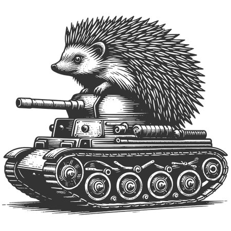 Hedgehog Operating Military Tank engraving vectorのイラスト素材