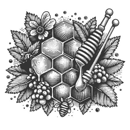 Honeycomb with Honey Dipper and Flowers vectorのイラスト素材