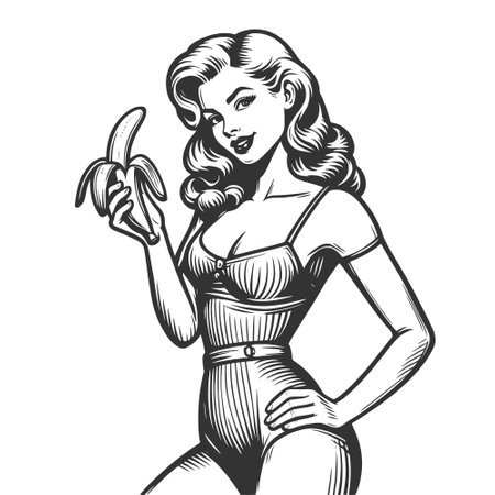Pin-Up Girl with Banana engraving vectorのイラスト素材
