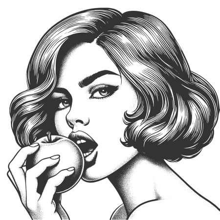 Stylish Woman Biting an Apple engraving vectorのイラスト素材