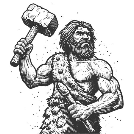 cave prehistoric man with stone hammer vectorのイラスト素材