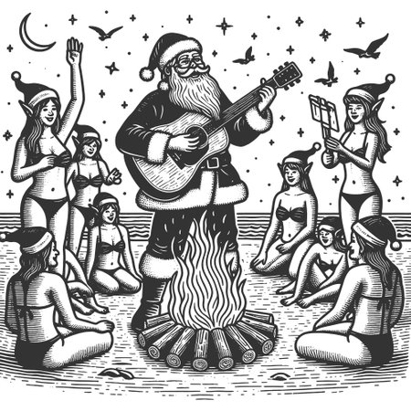 Santa Playing Guitar on Beach with Elves vectorのイラスト素材
