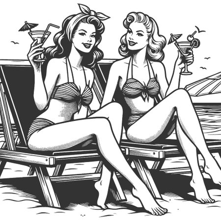 Women Relaxing Beach Chairs with Cocktails vectorのイラスト素材
