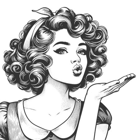Pin-Up Girl Blowing a Kiss engraving sketch vectorのイラスト素材