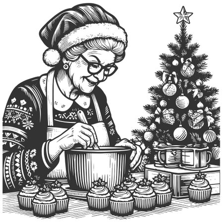 Mrs Claus Baking Christmas Cupcakes vectorのイラスト素材