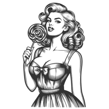 Pin-up girl with Lollipop and Roses sketch vectorのイラスト素材