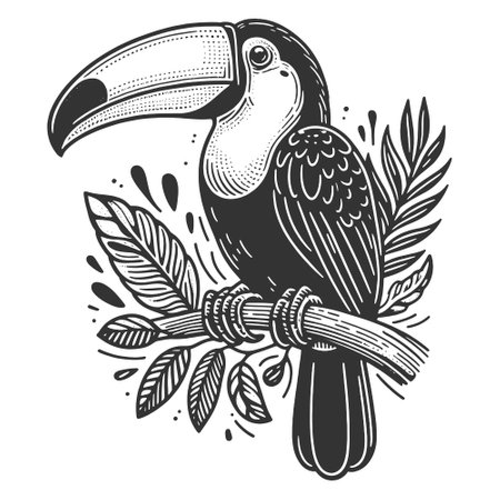 Toucan bird on Branch engraving sketch vectorのイラスト素材