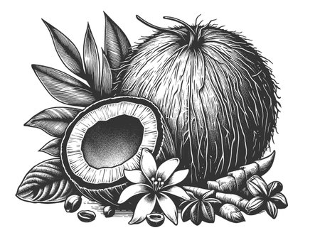 Whole and Sliced Coconuts engraving vectorのイラスト素材