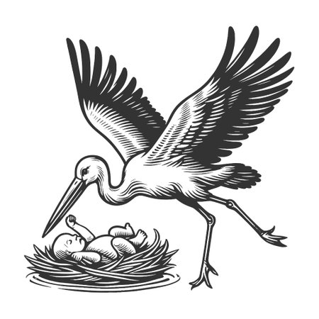 Baby in Stork Nest engraving vector illustrationのイラスト素材