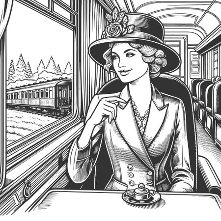 Elegant woman enjoying train journey tea vectorのイラスト素材