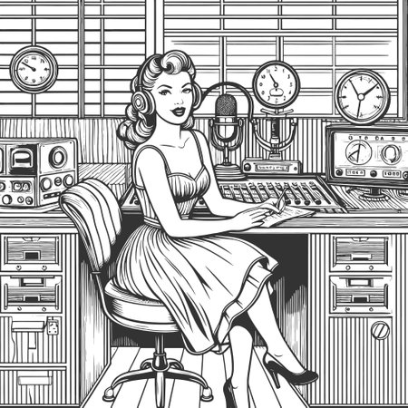 Radio Operator Woman at Console engraving vectorのイラスト素材