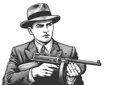 Gangster with Tommy Gun sketch vector illustrationのイラスト素材