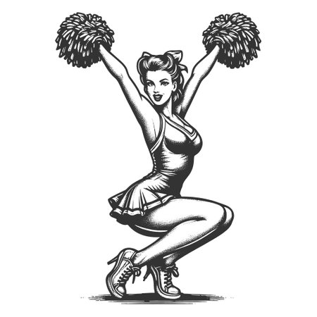 Pin-Up Style Cheerleader engraving sketch vector